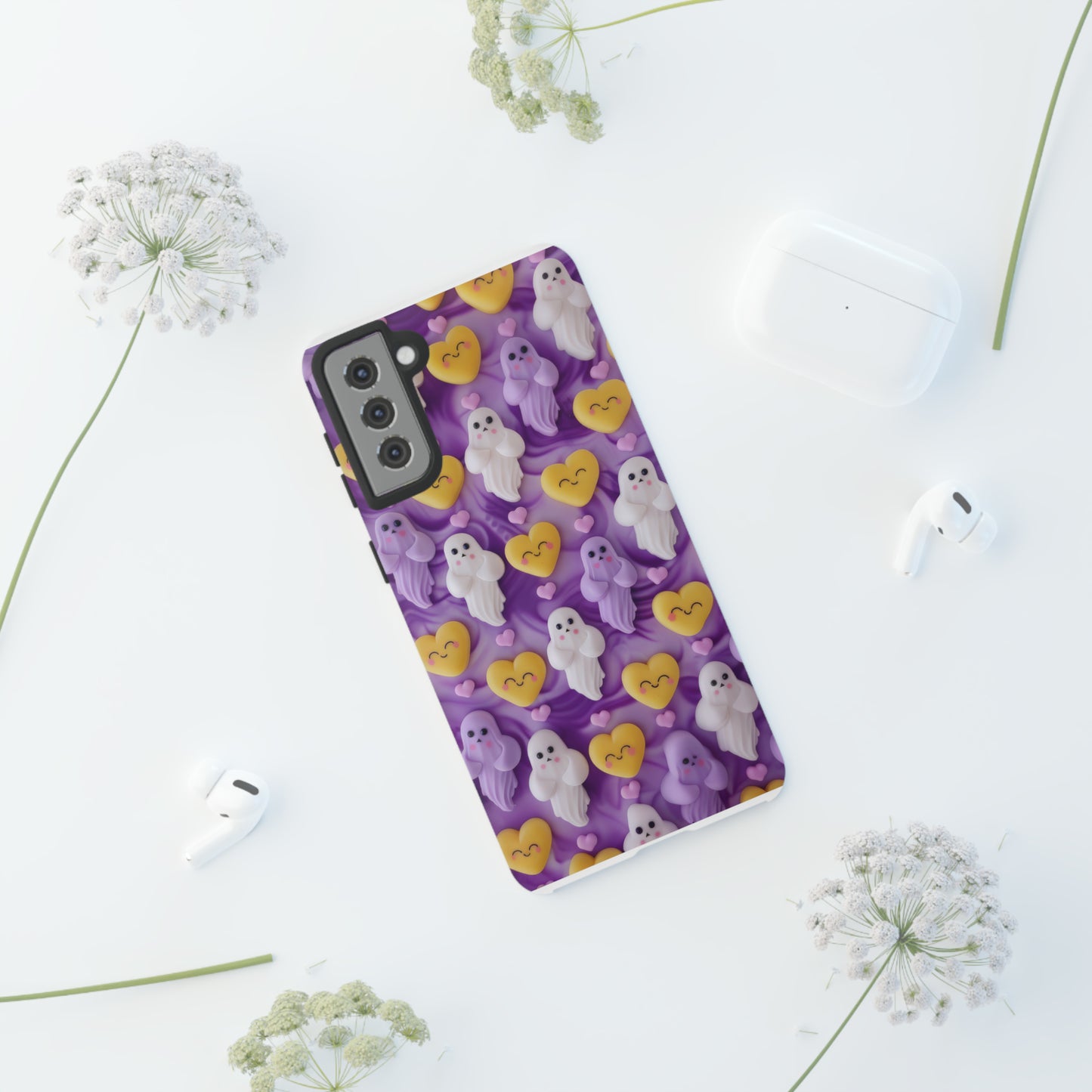 Purple Passion Ghostly Hearts Phone Case, Adorable Spirits with Love Emojis Cover for Smartphones, Tough Phone Cases