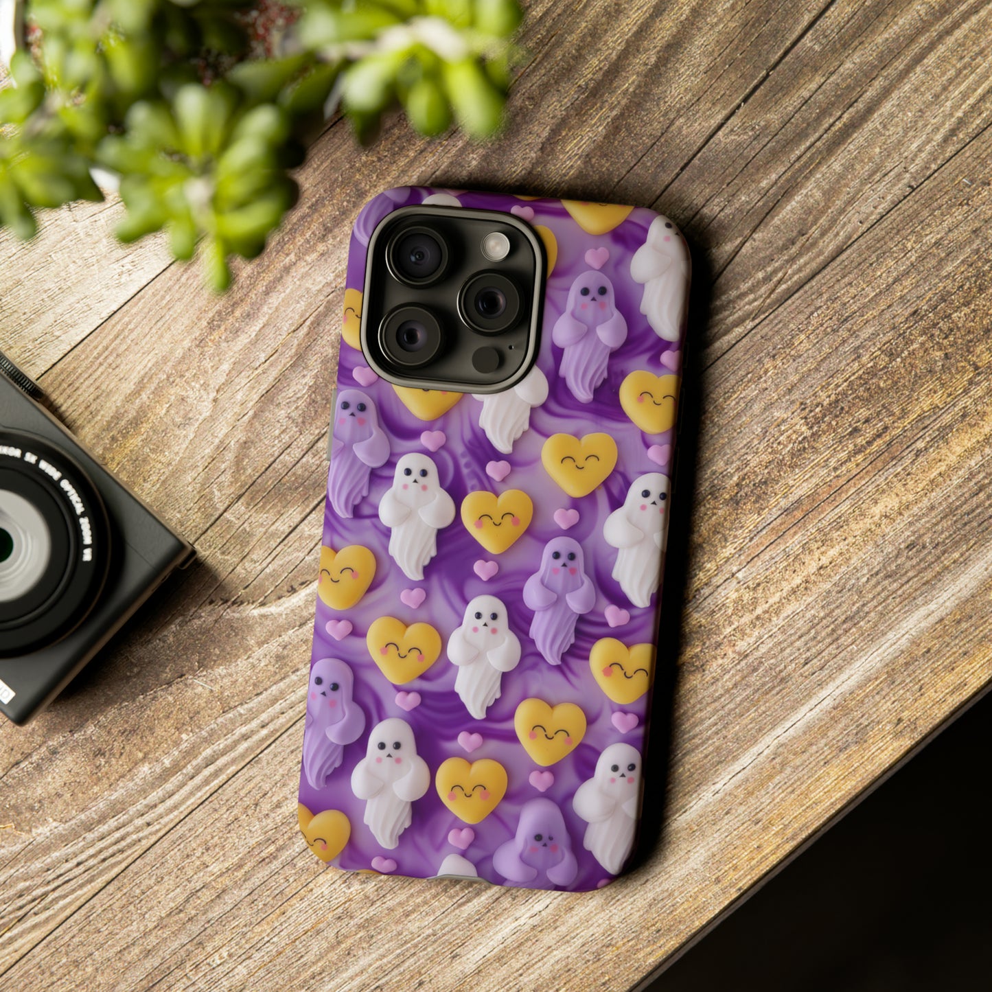 Purple Passion Ghostly Hearts Phone Case, Adorable Spirits with Love Emojis Cover for Smartphones, Tough Phone Cases