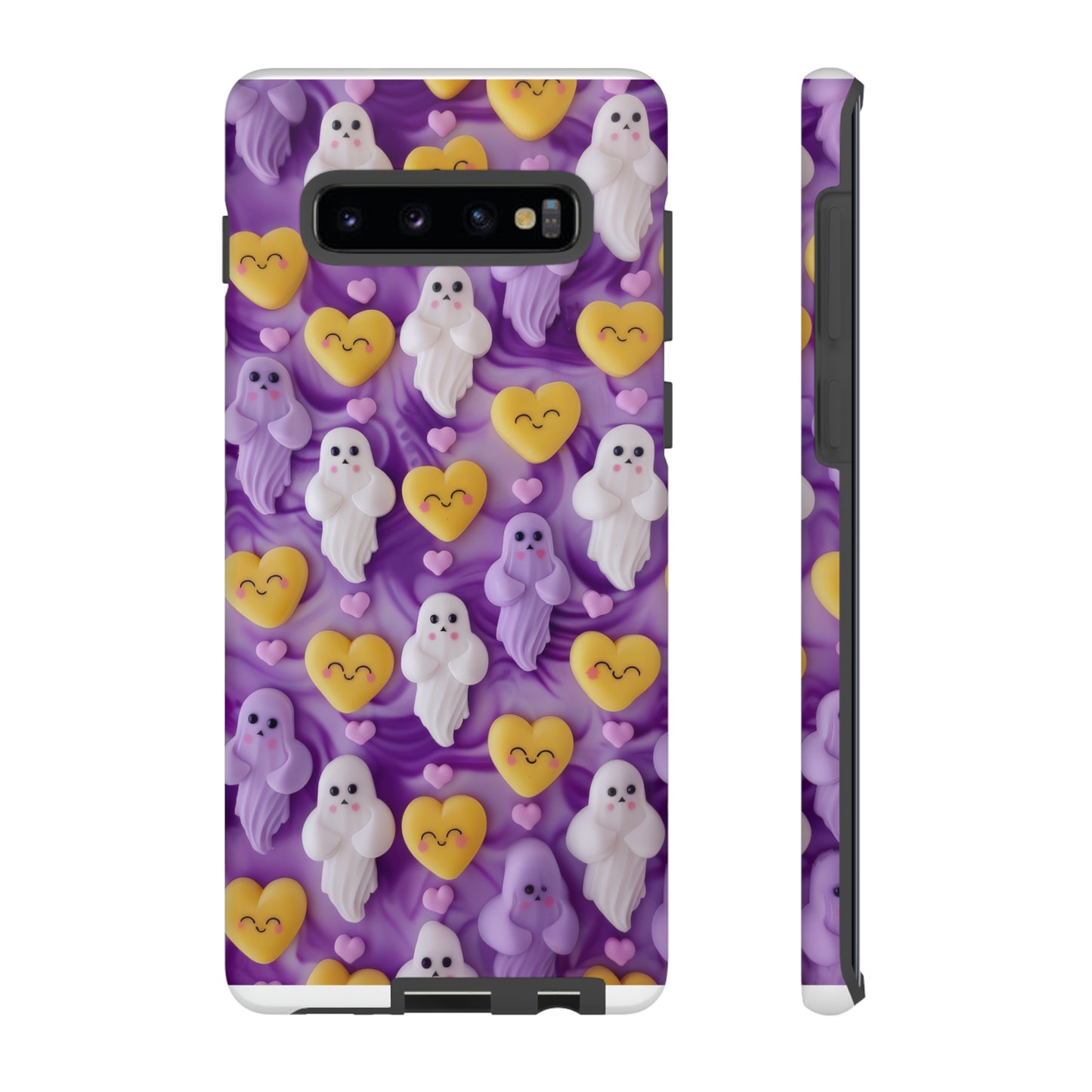 Purple Passion Ghostly Hearts Phone Case, Adorable Spirits with Love Emojis Cover for Smartphones, Tough Phone Cases