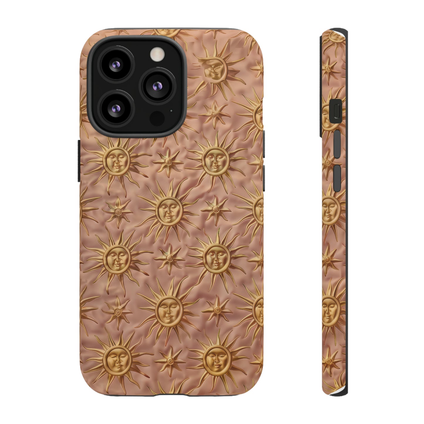 Custodia per iPhone con motivo sole celeste, design solare 3D strutturato, custodia protettiva lussuosa, custodie per telefono resistenti