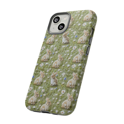 Custodia per iPhone Meadow Rabbits, design Serene Spring Wildlife, custodia protettiva di ispirazione ecologica, custodie per telefoni resistenti