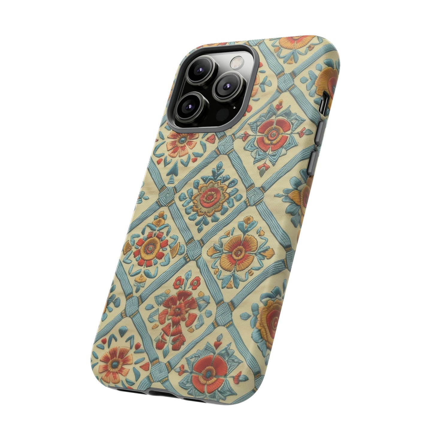 Vintage gesteppte florale iPhone-Hülle, Telefonhülle mit besticktem Design, handwerklich inspirierte Schutzausrüstung, robuste Hüllen