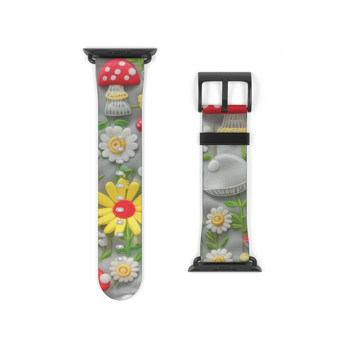 Verzaubertes Wald-Gänseblümchen- und Pilz-Apple-Watch-Armband, skurriles Smartwatch-Armband mit Naturmotiven. Apple Watch-Armband, Apple Watch-Armbänder für Serie 4, 5, 6, 7, 8, 9, ULTRA SE, 38/40/41 mm und 42/44/45 mm, veganes Kunstlederarmband