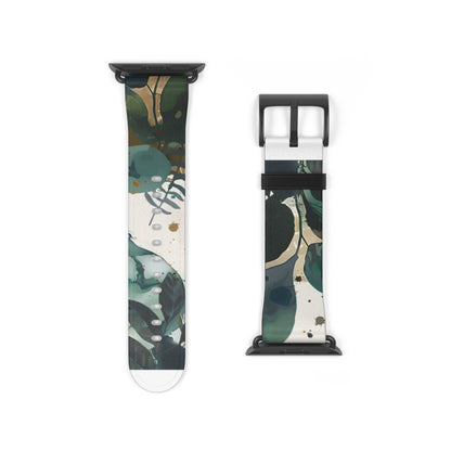 Cinturino per Apple Watch dal design a foglia tropicale, cinturino artistico botanico, accessorio di moda ispirato al verde, cinturino eco-chic, regalo perfetto per gli amanti della natura. Cinturino in ecopelle vegana 