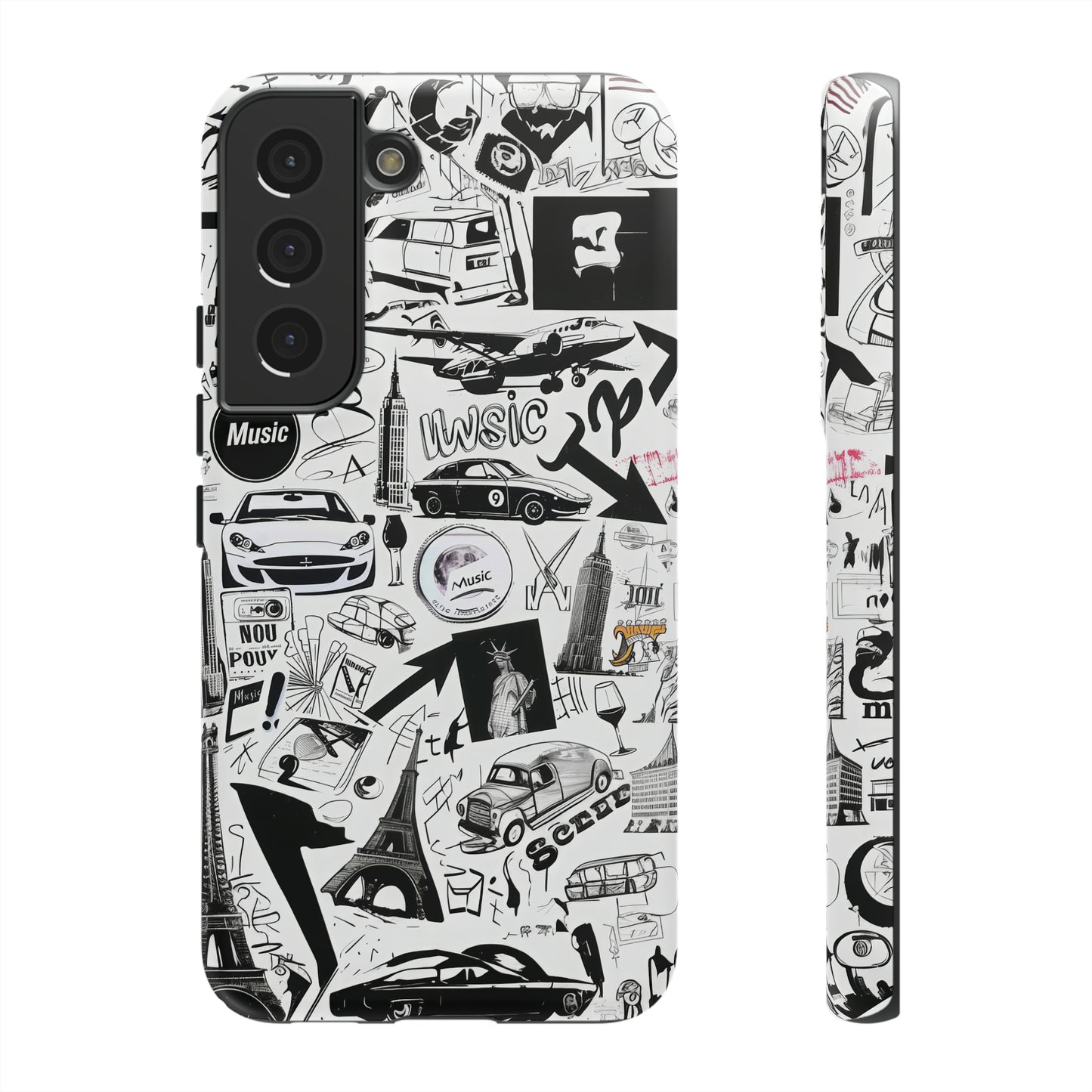 Iconica custodia per telefono con collage musicale in bianco e nero, cover dal design grafico moderno per audiofili, custodie per telefoni resistenti