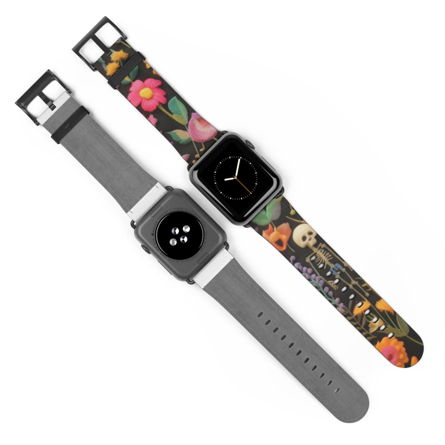 Gothic-Blumen-Totenkopf-Armband für die Apple Watch, leuchtende Blüten mit Skelett, kantiges botanisches Smartwatch-Armband. Apple Watch-Armbänder für die Serie 4, 5, 6, 7, 8, 9, ULTRA SE, 38/40/41 mm und 42/44/45 mm, veganes Kunstlederarmband