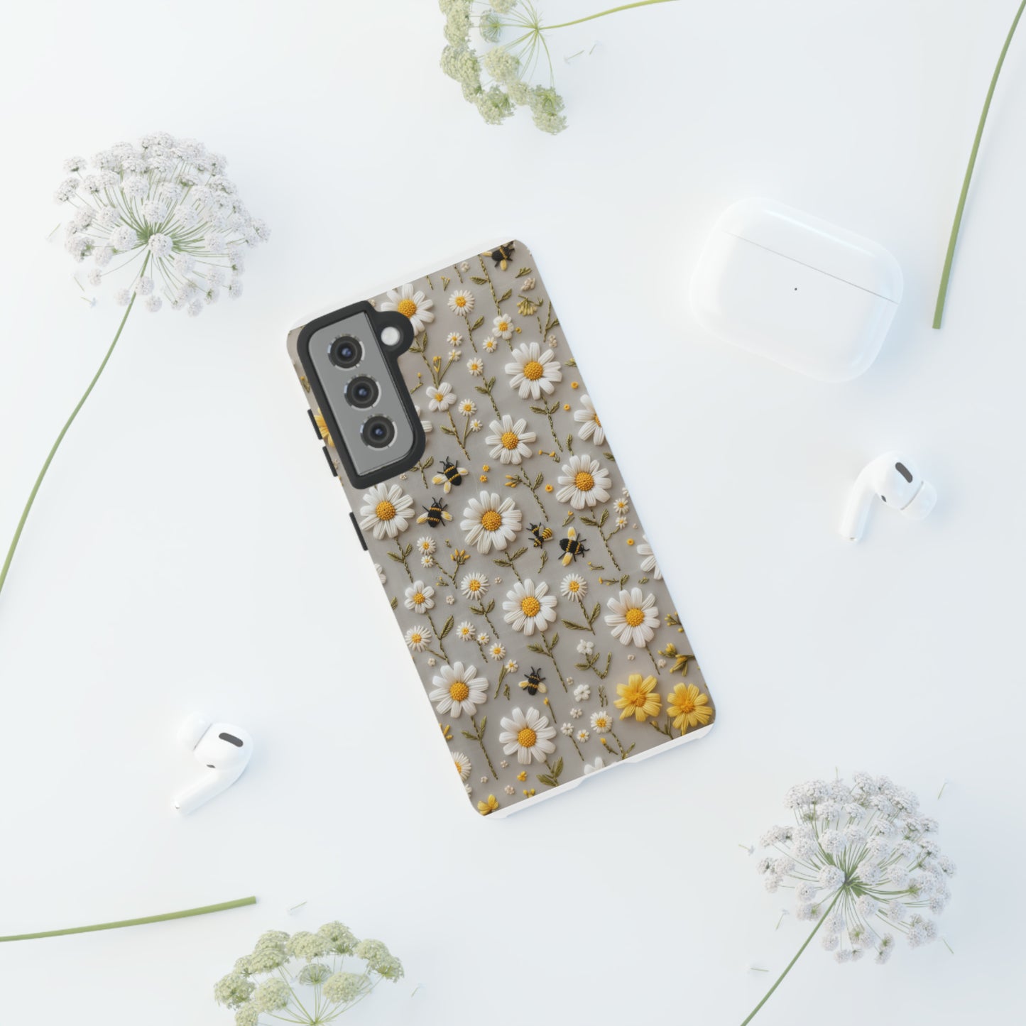 Spring Daisy Phone Case, Bees & Flowers Design, Nature-Inspired Protective Phone Cover, Tough Phone Cases