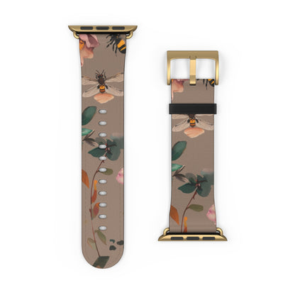 Nature-Inspired Bee and Floral Apple Watch Band, Pollinator Garden Smartwatch Strap, Unique Botanical Wristband Design. Apple Watch Band Apple Watch Straps For Series 4 5 6 7 8 9 ULTRA SE 38/40/41mm & 42/44/45mm Vegan Faux Leather Band