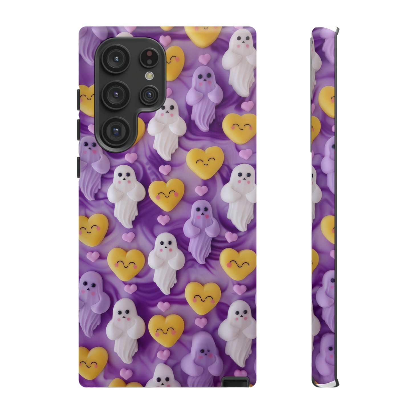 Purple Passion Ghostly Hearts Phone Case, Adorable Spirits with Love Emojis Cover for Smartphones, Tough Phone Cases