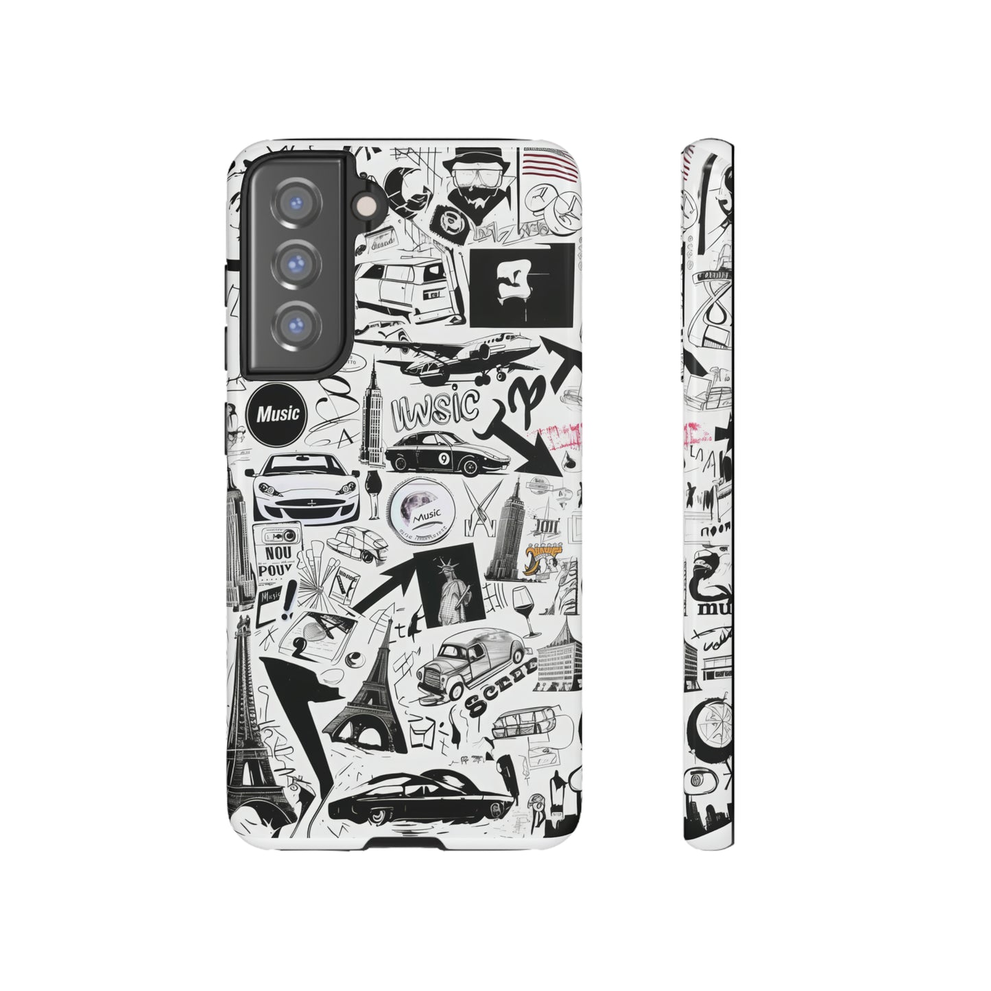 Iconica custodia per telefono con collage musicale in bianco e nero, cover dal design grafico moderno per audiofili, custodie per telefoni resistenti