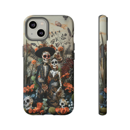 Custodia per telefono Dia de los Muertos, Cover con design di coppia scheletrica, Accessorio protettivo festivo per telefono, Custodie per telefono resistenti 