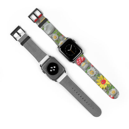 Verzaubertes Wald-Gänseblümchen- und Pilz-Apple-Watch-Armband, skurriles Smartwatch-Armband mit Naturmotiven. Apple Watch-Armband, Apple Watch-Armbänder für Serie 4, 5, 6, 7, 8, 9, ULTRA SE, 38/40/41 mm und 42/44/45 mm, veganes Kunstlederarmband