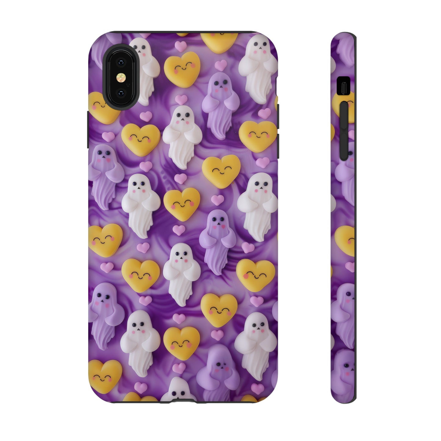 Purple Passion Ghostly Hearts Phone Case, Adorable Spirits with Love Emojis Cover for Smartphones, Tough Phone Cases