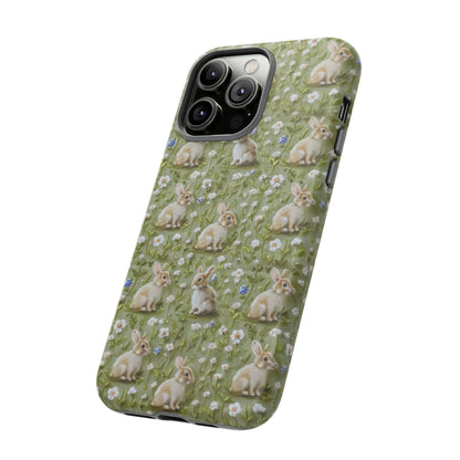 Custodia per iPhone Meadow Rabbits, design Serene Spring Wildlife, custodia protettiva di ispirazione ecologica, custodie per telefoni resistenti