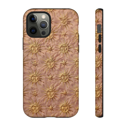 Custodia per iPhone con motivo sole celeste, design solare 3D strutturato, custodia protettiva lussuosa, custodie per telefono resistenti