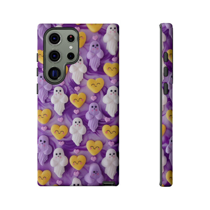 Purple Passion Ghostly Hearts Phone Case, Adorable Spirits with Love Emojis Cover for Smartphones, Tough Phone Cases