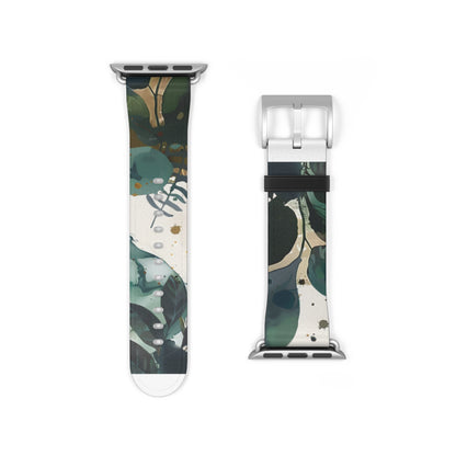 Cinturino per Apple Watch dal design a foglia tropicale, cinturino artistico botanico, accessorio di moda ispirato al verde, cinturino eco-chic, regalo perfetto per gli amanti della natura. Cinturino in ecopelle vegana 