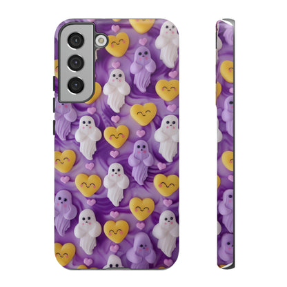 Purple Passion Ghostly Hearts Phone Case, Adorable Spirits with Love Emojis Cover for Smartphones, Tough Phone Cases