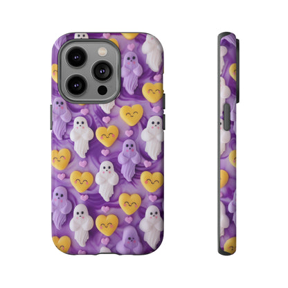 Purple Passion Ghostly Hearts Phone Case, Adorable Spirits with Love Emojis Cover for Smartphones, Tough Phone Cases