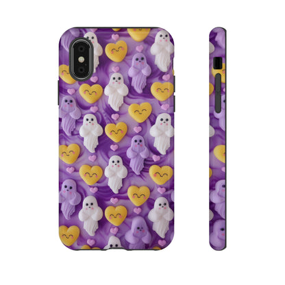 Purple Passion Ghostly Hearts Phone Case, Adorable Spirits with Love Emojis Cover for Smartphones, Tough Phone Cases