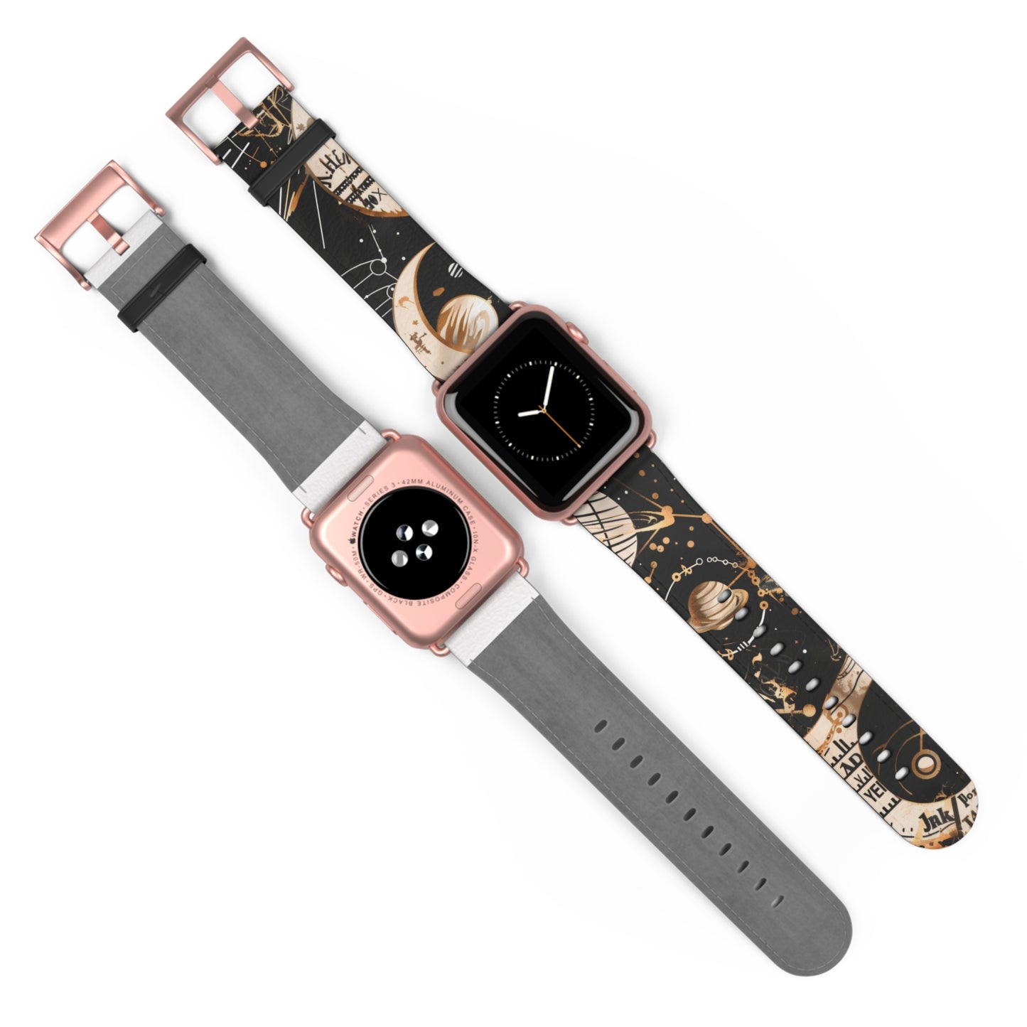 Astronomical Symbols Apple Watch Band, Stylish Galaxy Print, Elegant Black & Tan Silicone Strap for Astrology Lovers. Apple Watch Band Apple Watch Straps For Series 4 5 6 7 8 9 ULTRA SE 38/40/41mm & 42/44/45mm Vegan Faux Leather Band