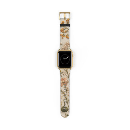 Apple Watch-Armband mit natürlicher botanischer Illustration, elegantes beiges Blumendesign, neutral getöntes Smartwatch-Armband. Apple Watch-Armbänder für die Serie 4, 5, 6, 7, 8, 9, ULTRA SE, 38/40/41 mm und 42/44/45 mm, veganes Kunstlederarmband