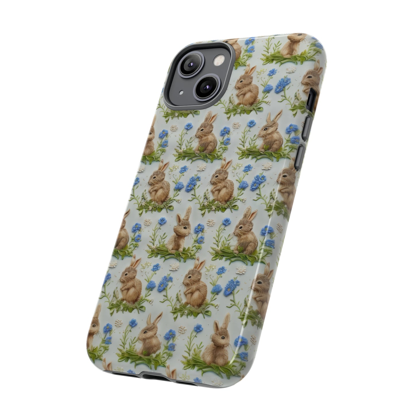 Springtime Bunnies iPhone Hülle, Entzückendes Kaninchen- und Glockenblumen-Design, Bezaubernde Schutzhülle, Robuste Hüllen 