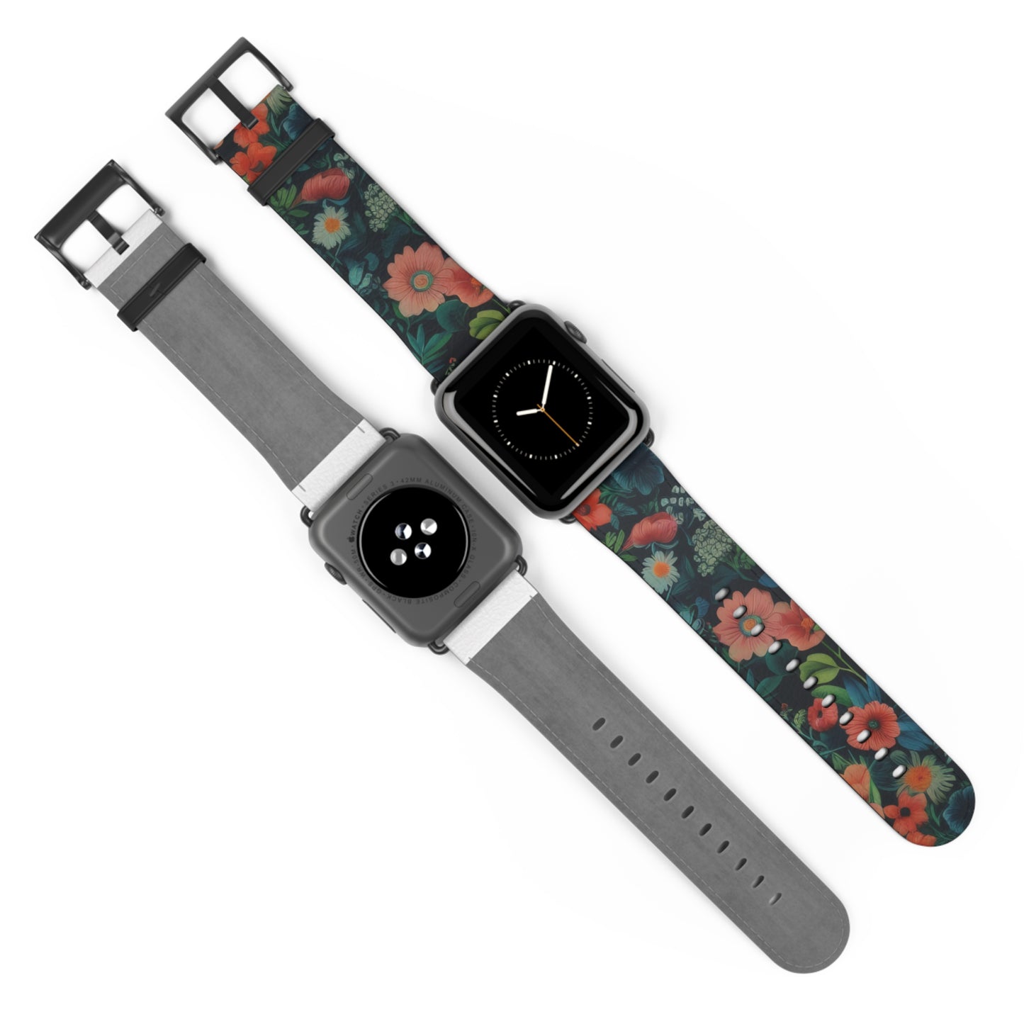 Enchanted Garden Floral Apple Watch Band, Lush Botanical Print, Elegant Dark Background Smartwatch Strap. Apple Watch Band Apple Watch Straps For Series 4 5 6 7 8 9 ULTRA SE 38/40/41mm & 42/44/45mm Vegan Faux Leather Band