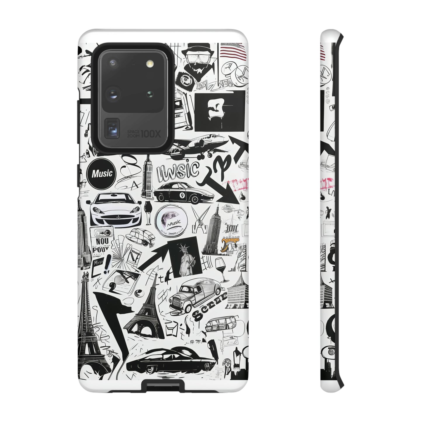 Iconica custodia per telefono con collage musicale in bianco e nero, cover dal design grafico moderno per audiofili, custodie per telefoni resistenti