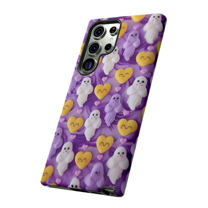 Purple Passion Ghostly Hearts Phone Case, Adorable Spirits with Love Emojis Cover for Smartphones, Tough Phone Cases