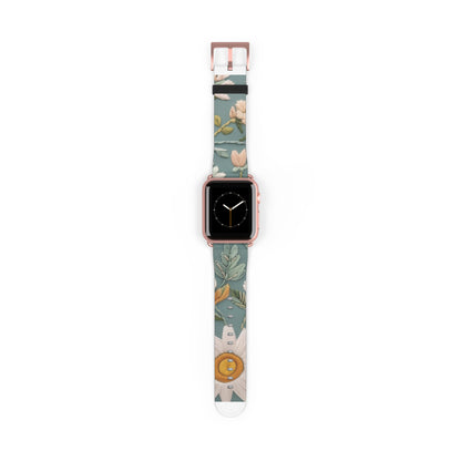 Serene Floral Tapestry Apple Watch Band, Soft Pastel Botanicals on Duck Egg Blue, Stylish Smartwatch Accessory. Apple Watch Band Apple Watch Straps For Series 4 5 6 7 8 9 ULTRA SE 38/40/41mm & 42/44/45mm Vegan Faux Leather Band