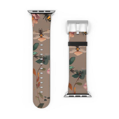 Nature-Inspired Bee and Floral Apple Watch Band, Pollinator Garden Smartwatch Strap, Unique Botanical Wristband Design. Apple Watch Band Apple Watch Straps For Series 4 5 6 7 8 9 ULTRA SE 38/40/41mm & 42/44/45mm Vegan Faux Leather Band