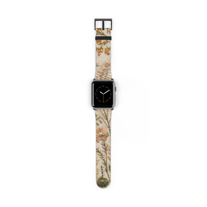 Apple Watch-Armband mit natürlicher botanischer Illustration, elegantes beiges Blumendesign, neutral getöntes Smartwatch-Armband. Apple Watch-Armbänder für die Serie 4, 5, 6, 7, 8, 9, ULTRA SE, 38/40/41 mm und 42/44/45 mm, veganes Kunstlederarmband