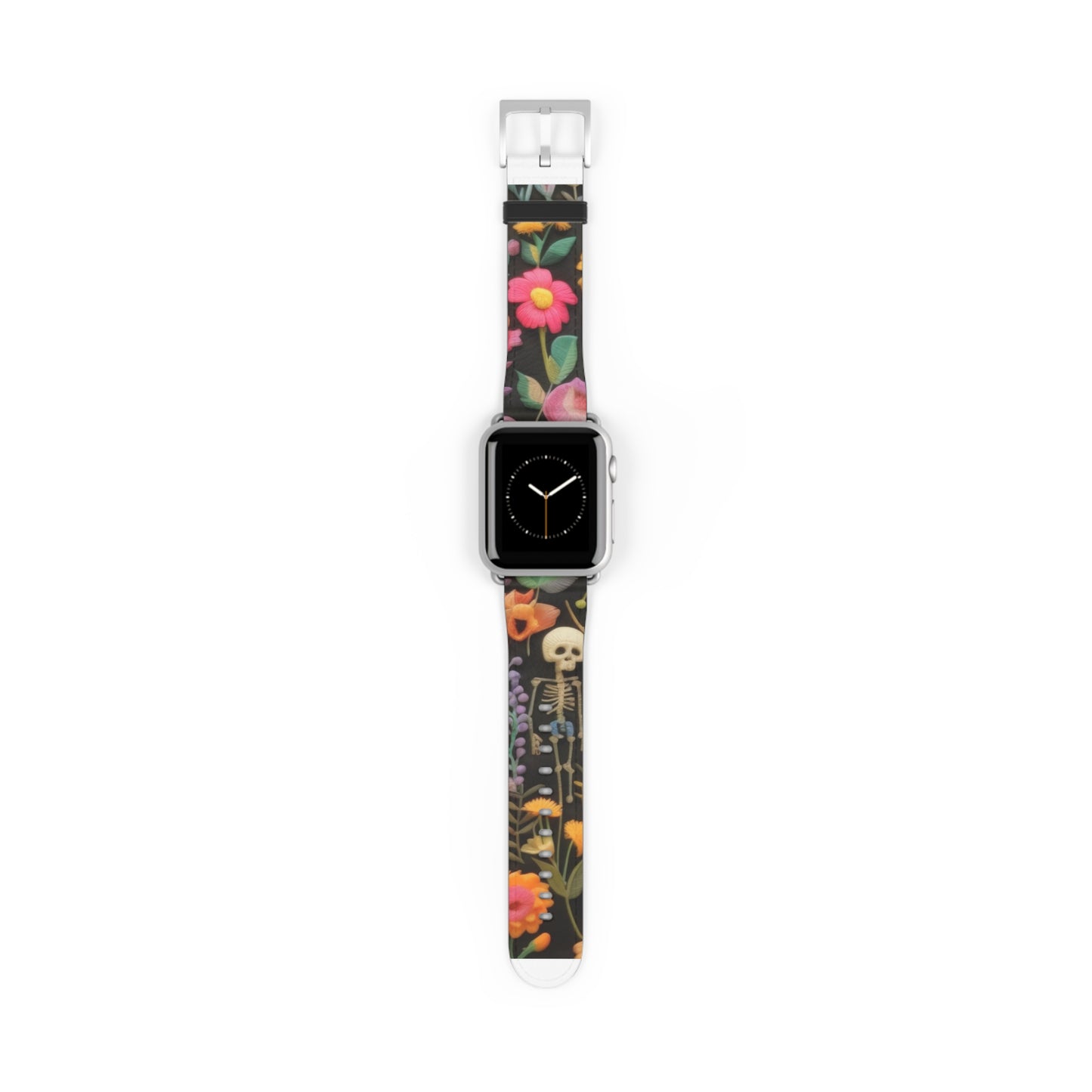 Gothic-Blumen-Totenkopf-Armband für die Apple Watch, leuchtende Blüten mit Skelett, kantiges botanisches Smartwatch-Armband. Apple Watch-Armbänder für die Serie 4, 5, 6, 7, 8, 9, ULTRA SE, 38/40/41 mm und 42/44/45 mm, veganes Kunstlederarmband