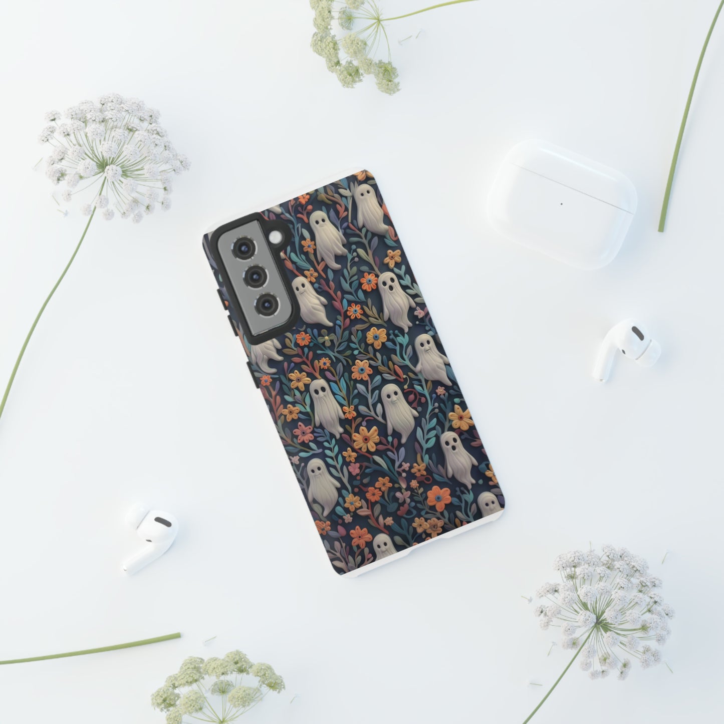 Whimsical Ghosts Floral iPhone Case, Unique Spooky Design, Charming Protective Cover, Tough Cases