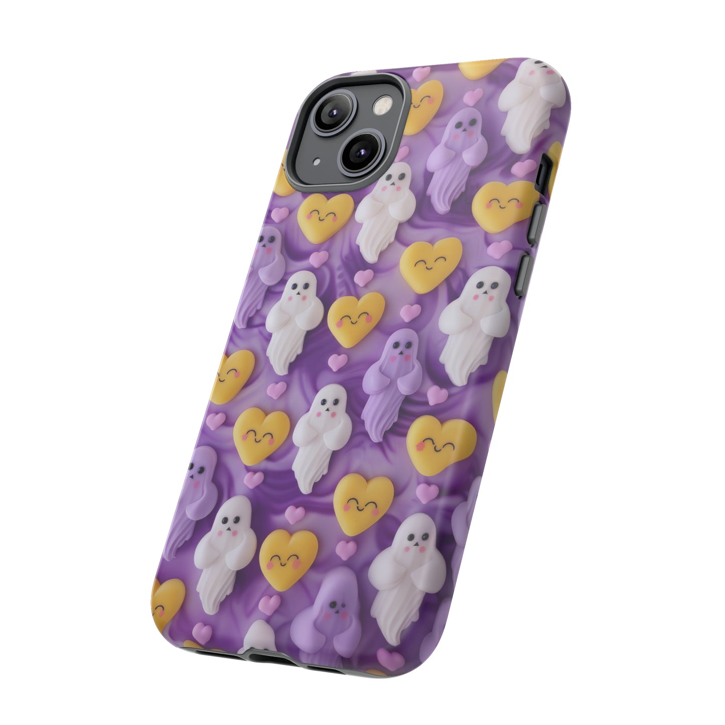 Purple Passion Ghostly Hearts Phone Case, Adorable Spirits with Love Emojis Cover for Smartphones, Tough Phone Cases