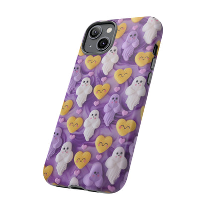 Purple Passion Ghostly Hearts Phone Case, Adorable Spirits with Love Emojis Cover for Smartphones, Tough Phone Cases