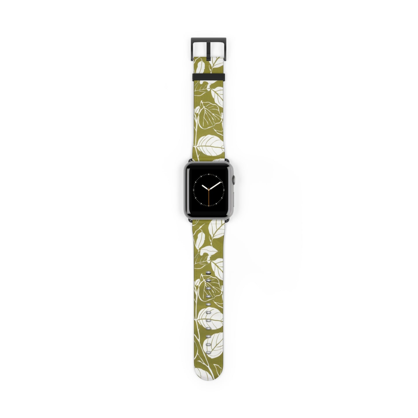 Apple Watch-Armband mit olivgrünem Blattmuster | Öko-Chic-Armband im Natur-Stil. Apple Watch-Armband, Apple Watch-Armbänder für Serie 4, 5, 6, 7, 8, 9, ULTRA SE, 38/40/41 mm und 42/44/45 mm, veganes Kunstlederarmband 