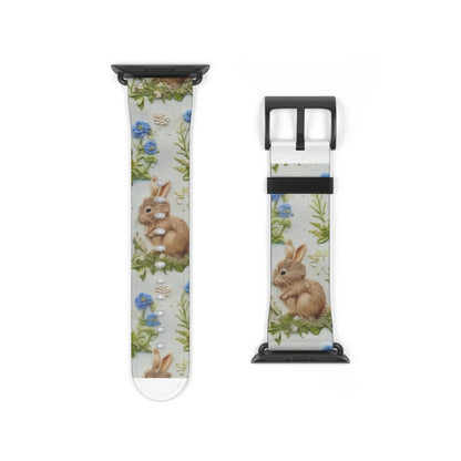 Springtime Bunny & Florals Apple Watch Band, Charming Rabbit Illustration, Pastel Blue Smartwatch Accessory. Apple Watch Band Apple Watch Straps For Series 4 5 6 7 8 9 ULTRA SE 38/40/41mm & 42/44/45mm Vegan Faux Leather Band