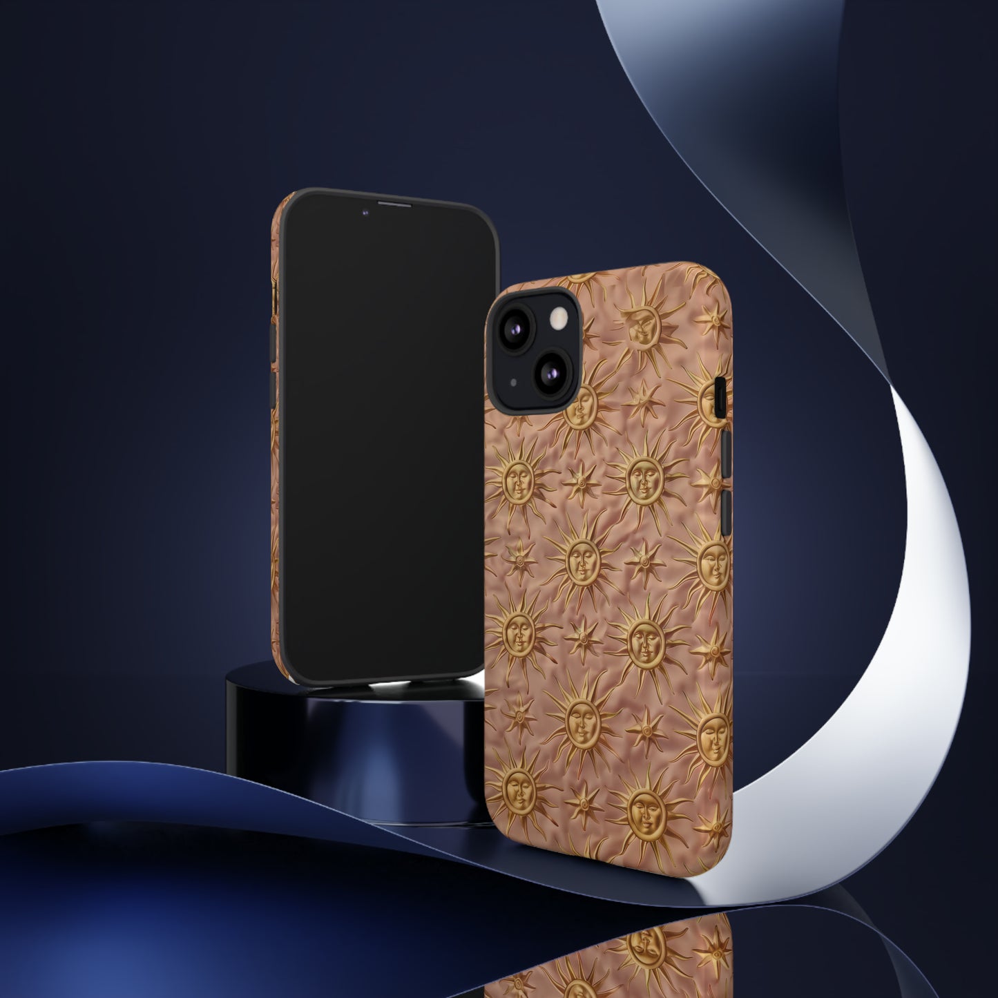 Custodia per iPhone con motivo sole celeste, design solare 3D strutturato, custodia protettiva lussuosa, custodie per telefono resistenti