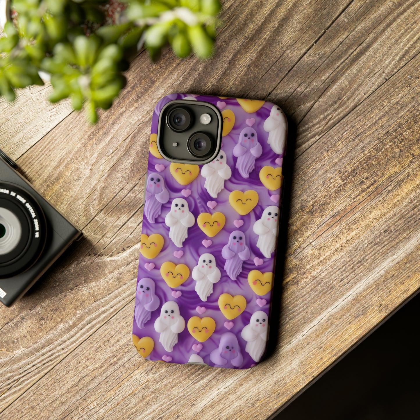 Purple Passion Ghostly Hearts Phone Case, Adorable Spirits with Love Emojis Cover for Smartphones, Tough Phone Cases