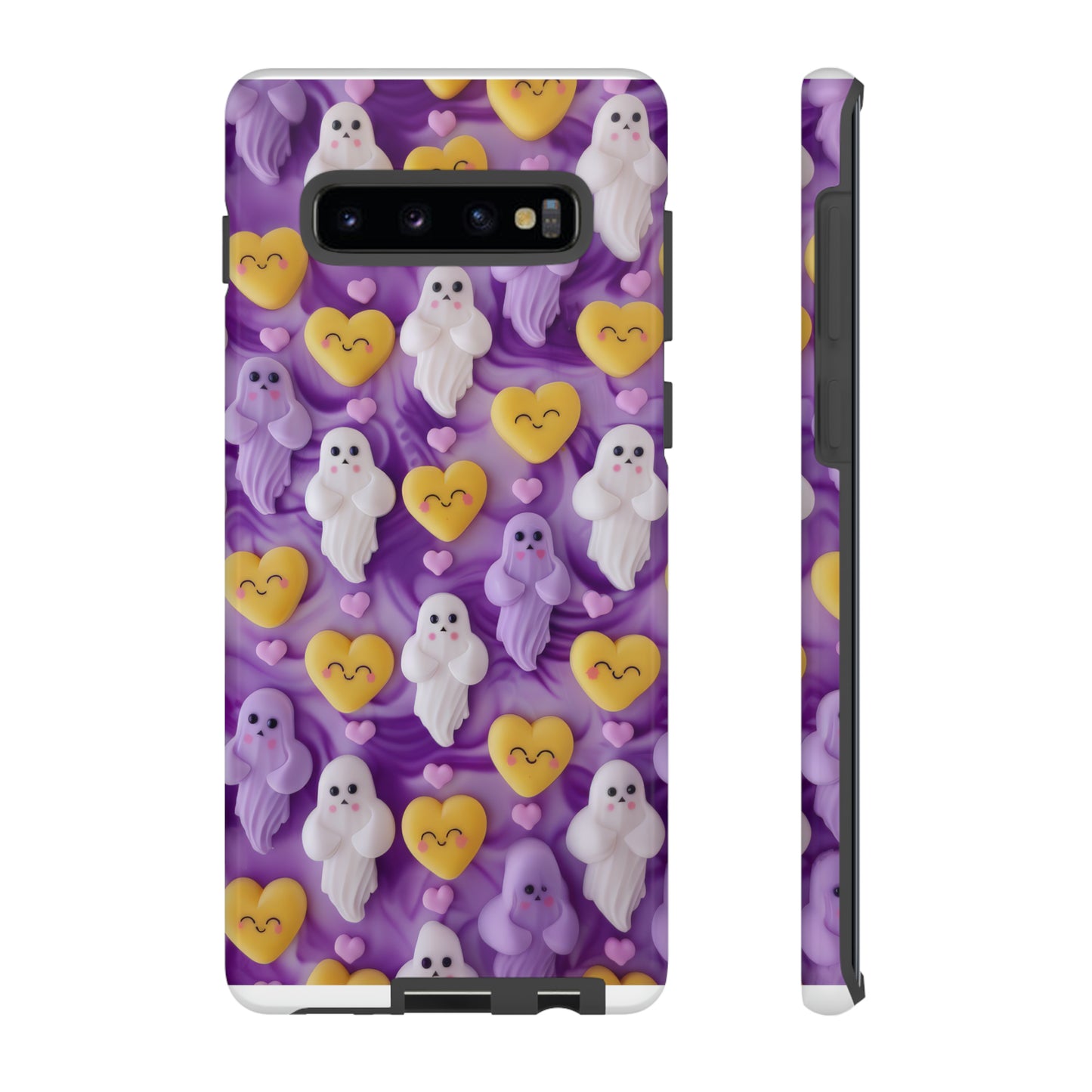 Purple Passion Ghostly Hearts Phone Case, Adorable Spirits with Love Emojis Cover for Smartphones, Tough Phone Cases