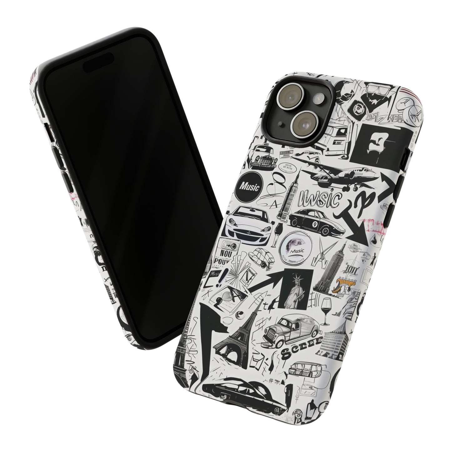 Iconica custodia per telefono con collage musicale in bianco e nero, cover dal design grafico moderno per audiofili, custodie per telefoni resistenti