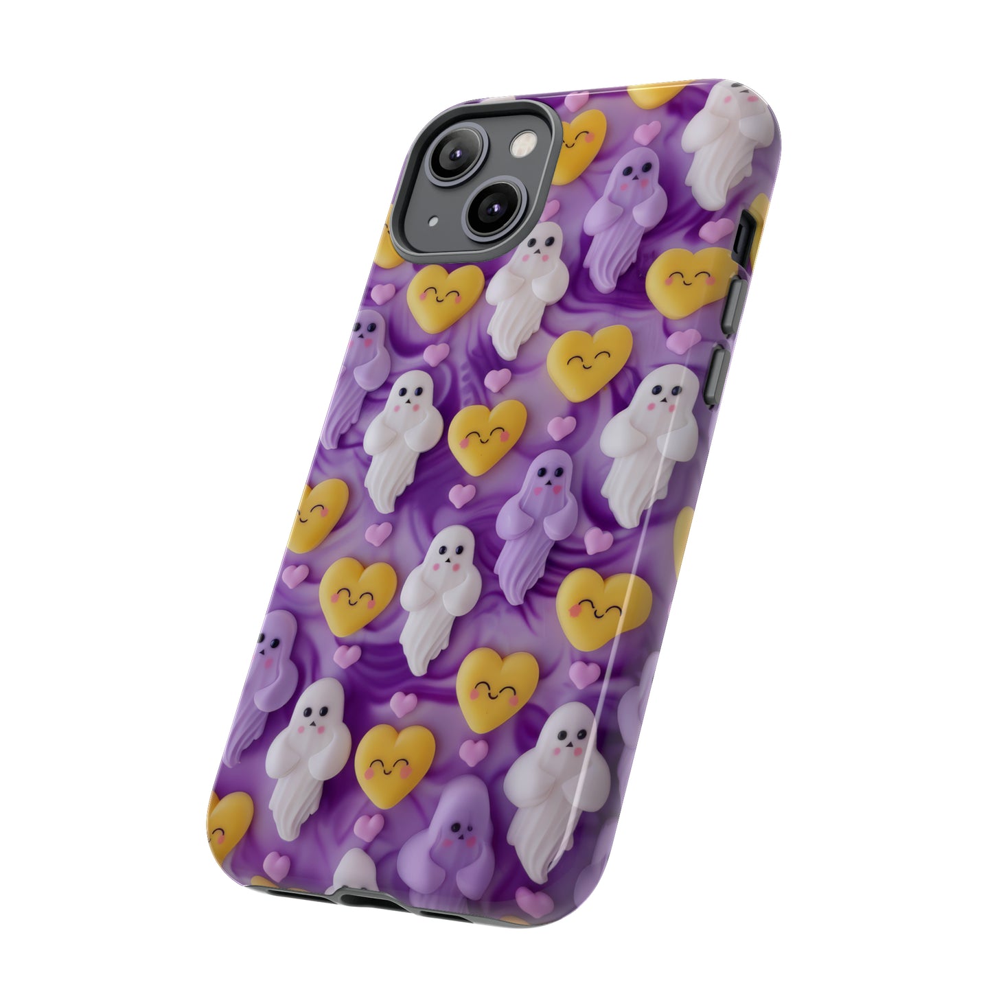 Purple Passion Ghostly Hearts Phone Case, Adorable Spirits with Love Emojis Cover for Smartphones, Tough Phone Cases