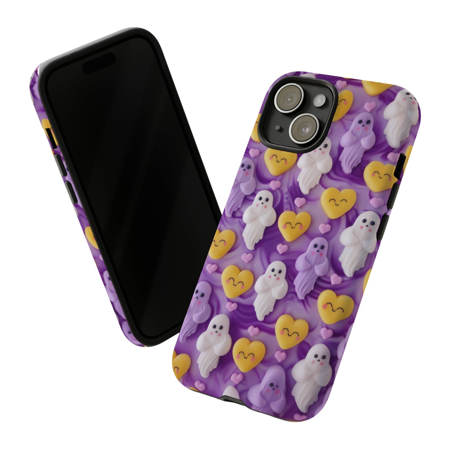 Purple Passion Ghostly Hearts Phone Case, Adorable Spirits with Love Emojis Cover for Smartphones, Tough Phone Cases