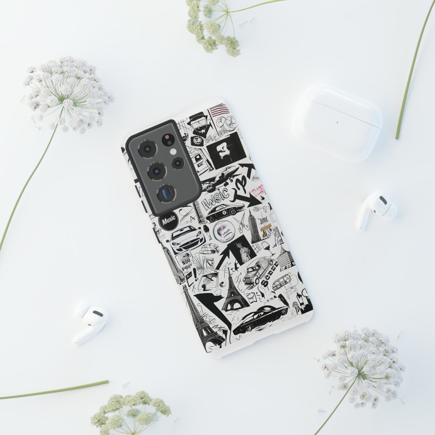 Iconica custodia per telefono con collage musicale in bianco e nero, cover dal design grafico moderno per audiofili, custodie per telefoni resistenti