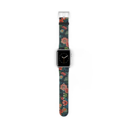 Enchanted Garden Floral Apple Watch Band, Lush Botanical Print, Elegant Dark Background Smartwatch Strap. Apple Watch Band Apple Watch Straps For Series 4 5 6 7 8 9 ULTRA SE 38/40/41mm & 42/44/45mm Vegan Faux Leather Band