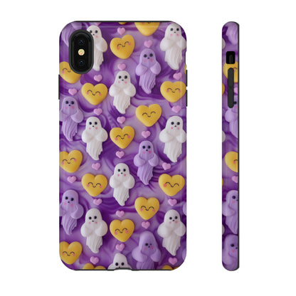 Purple Passion Ghostly Hearts Phone Case, Adorable Spirits with Love Emojis Cover for Smartphones, Tough Phone Cases