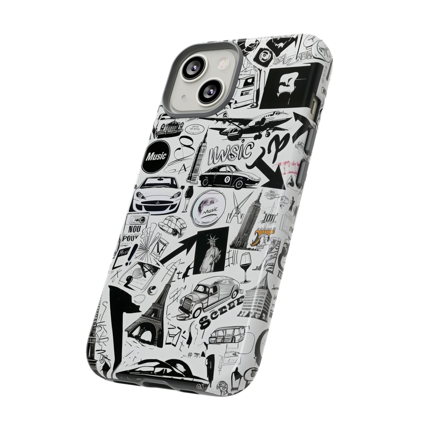 Iconica custodia per telefono con collage musicale in bianco e nero, cover dal design grafico moderno per audiofili, custodie per telefoni resistenti