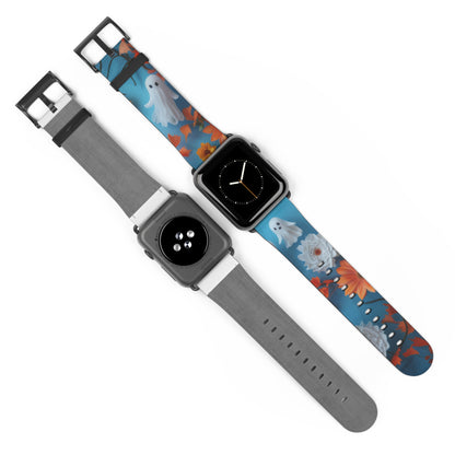 Charming Ghosts and Autumn Leaves Apple Watch Band, Spooky Cute Floral Design, Seasonal Smartwatch Strap. Apple Watch Band Apple Watch Straps For Series 4 5 6 7 8 9 ULTRA SE 38/40/41mm & 42/44/45mm Vegan Faux Leather Band